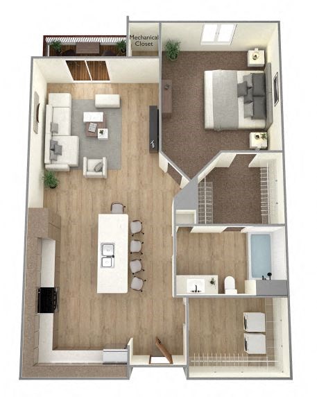Floor plan for 1 bed, 1 bath, 763 sqft